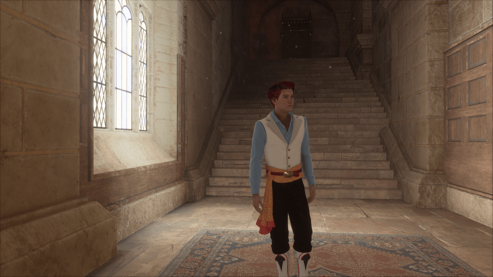 Thumbnail 7AM in the Great Hall, we meet Sebastian in one of the smaller staircase halls off to the side. He seems to glow in the outfit as the morning sun hits him from the window, but it's a sight to take in.